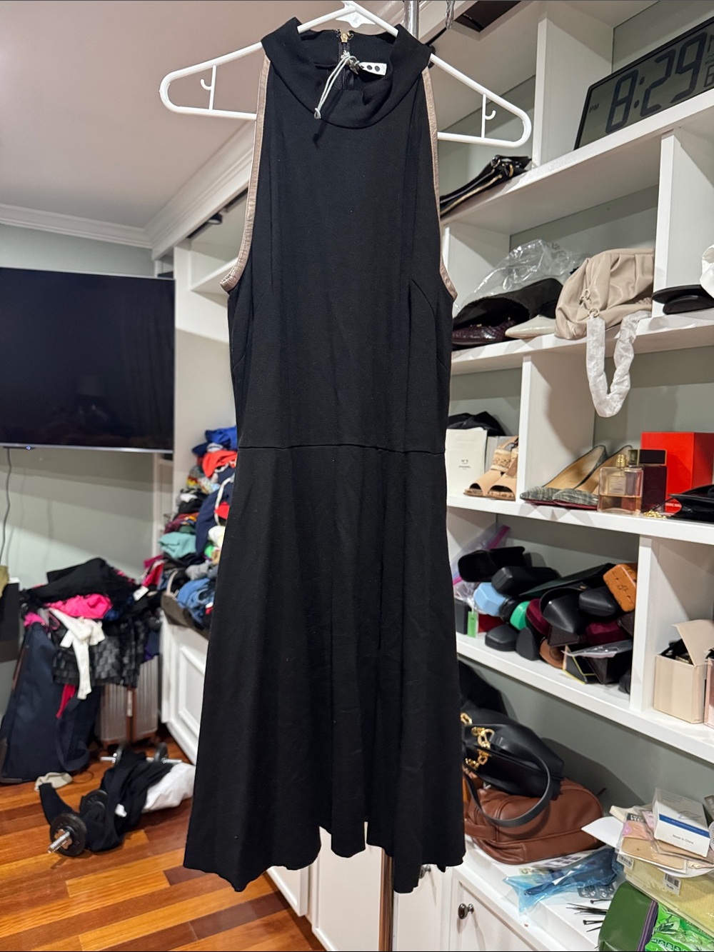 Sleeveless Black High-Neck Dress with leather Contrast Trim